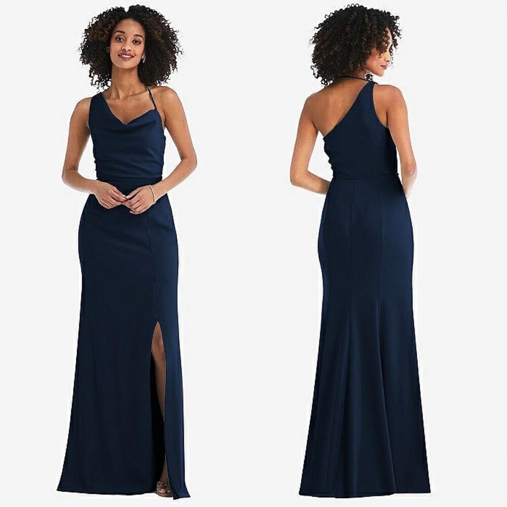NWT AFTER SIX ONE-SHOULDER DRAPED‎ COWL-NECK MAXI DRESS style 6849 midnight 10